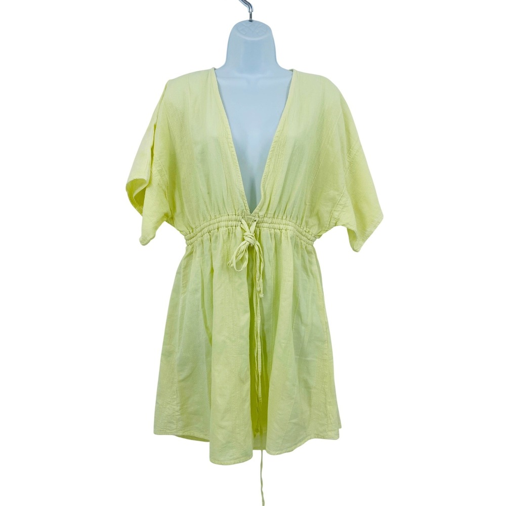August‎ Cotton Cover Up Dress Women M/L Yellow V-Neck Drawstring Waist Mini